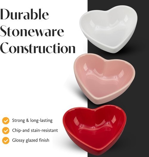 BIA Heart Dish Set - 3-Piece 6 oz Heart-Shaped Stoneware Serveware for Snacks & Desserts