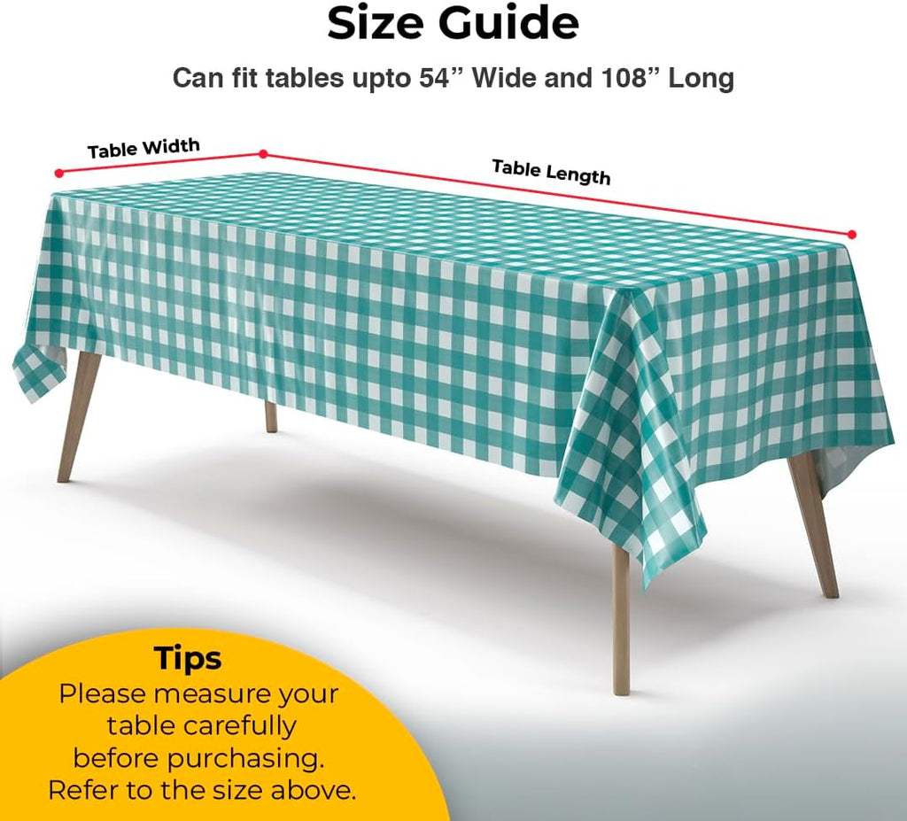 Skiennix Picnic Table Cover - Premium Teal & White Checkered Plastic Tablecloth - 54" x 108" Gingham 6 Pack