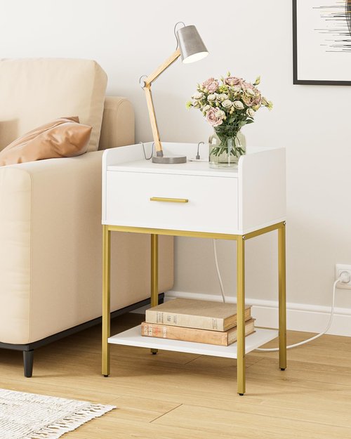 Apetaccat Nightstand with Charging Station,3-Tier Bedside Table for Small Space,Modern Night Stand with Storage Drawer and Shelf,Small Side Table for Bedroom,Living Room,White