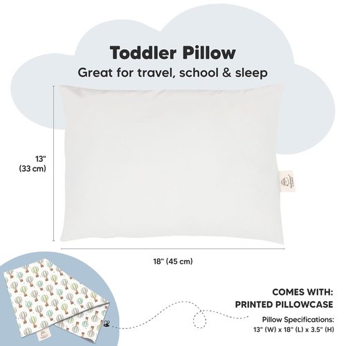 My Little Dreamy Toddler Pillow - Organic Cotton Travel Bed Pillow with Case, Soft & Breathable, 13x18 (Hot Air Balloon)