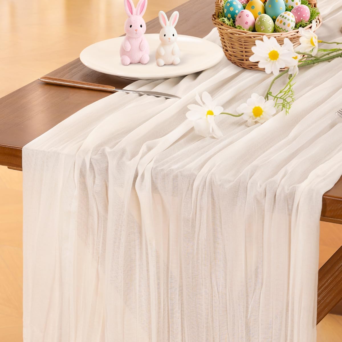 Socomi Ivory White Cheesecloth Table Runner - 120 Inch Rustic Boho Decor for Weddings & Events