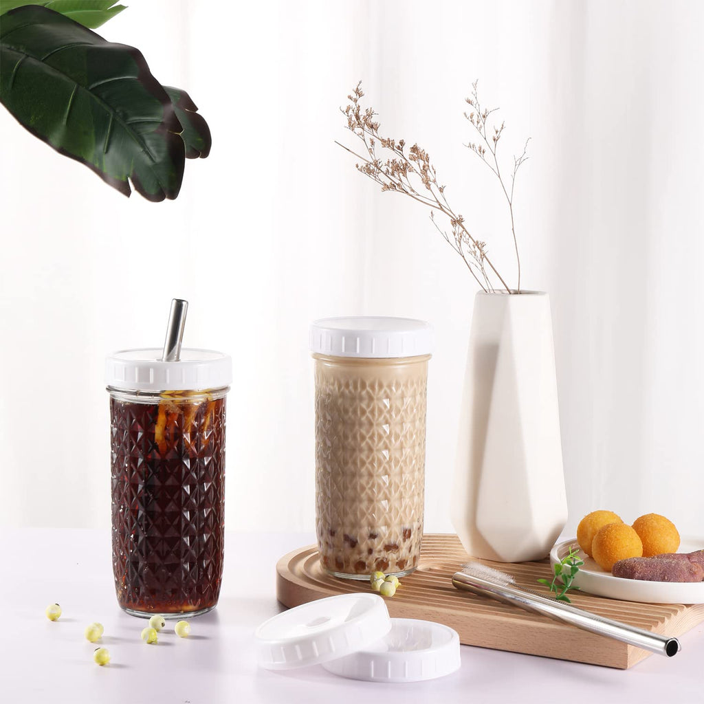 ASANMEYO 2 Pcs 24oz Glass Cups Set, Mason Jar Drinking Glasses with Lids and Straws & 2 Airtight Lids, Cute Reusable Smoothie cups, Iced Coffee Cups, Travel Tumbler for Bubble Tea, Juice, Gift