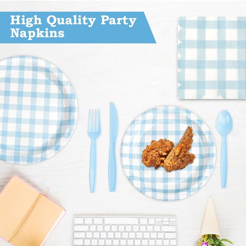 Skiennix 168-Piece Gingham Party Supplies Set - Disposable Plates, Napkins & Cutlery for 24 Guests | Blue