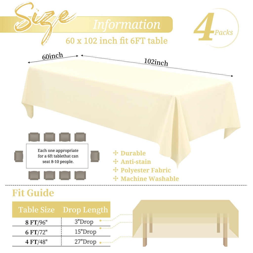 Showgeous 12 Pack Table Cloth Beige Tablecloth 60 x 102 Inch Table Clothes for 6 Foot Rectangle Tables, Wrinkle Resistant Washable Polyester Table Cover for Wedding Parties Banquet