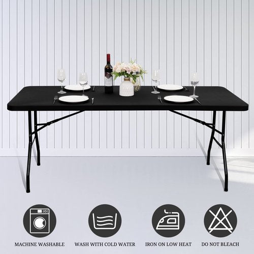 10 Pack Stretch Fabric Table Top Cap Cover, fits 8' Tables, Spandex Table Covers Washable Elastic Universal Rectangle Tablecloth Protector for Indoor Outdoor Party Picnic Wedding, Black, 30" W x 96" L
