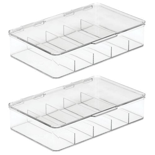 mDesign Plastic Divided Stackable Hair, Makeup & Jewelry Organizer Box with Hinge Lid for Bathroom Vanity Countertop - 5 Sections - Stores Hair Clips, Barrettes - Ligne Collection - 2 Pack - Clear