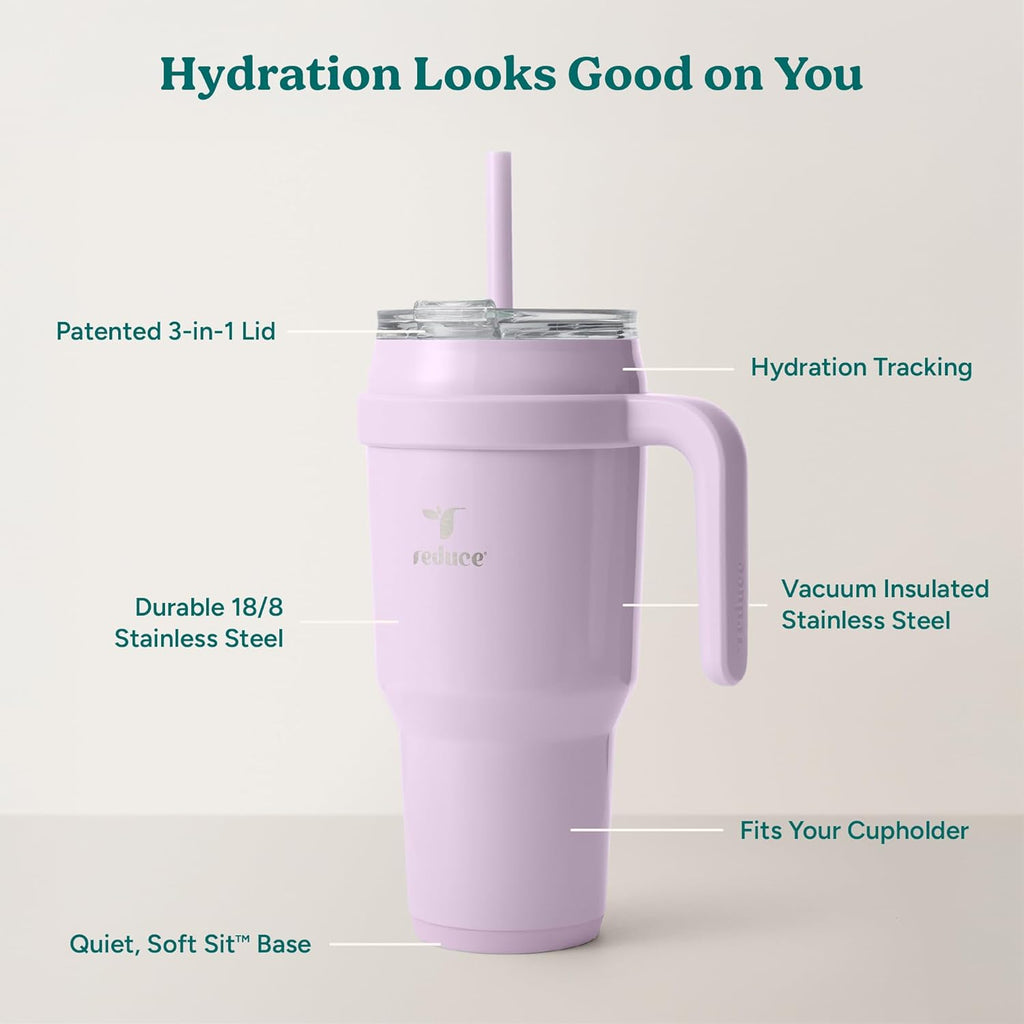 REDUCE 40 oz Stainless Steel Tumbler - Insulated Travel Mug with Handle & Reusable Straw | Keeps Drinks Cold 24 Hrs, Dishwasher Safe - Lilac Bud