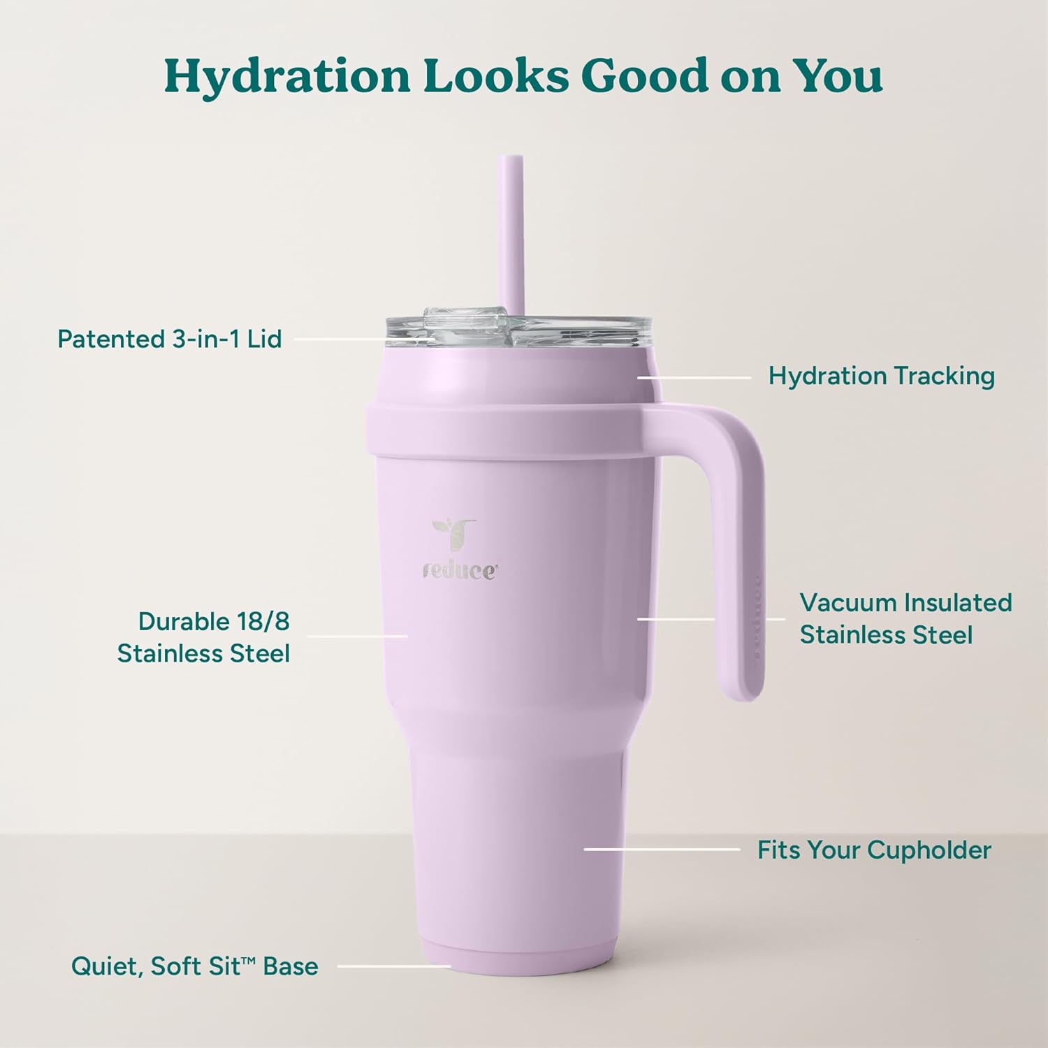 REDUCE 40 oz Stainless Steel Tumbler - Insulated Travel Mug with Handle & Reusable Straw | Keeps Drinks Cold 24 Hrs, Dishwasher Safe - Lilac Bud