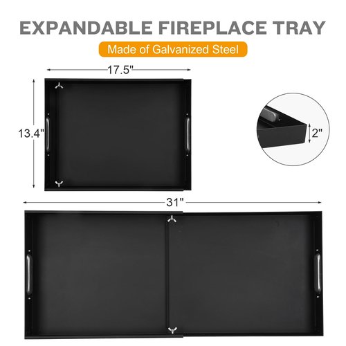 MYFIREPLACEDIRECT 2 Piece Adjustable Ash Tray Pan | Expandable Fireplace Pan With Handles for Up to 31" Grate, Rectangle Galvanized Steel Sturdy Tray, Black