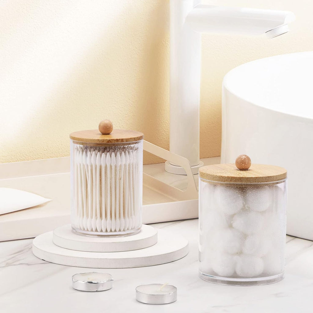 Tbestmax Cotton Swab Holder Dispenser - 4 Pack Clear Plastic Apothecary Jars with Bamboo Lids (12oz, 10oz)