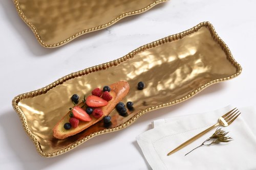Pampa Bay Titanium-Plated Porcelain Rectangular Serving Piece, 19 x 6.5 Inch, Matte Gold Tone, Oven, Freezer, Dishwasher Safe