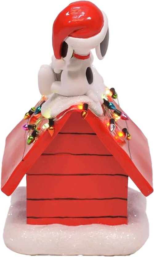 Mark Feldstein Peanuts Snoopy's Dog House Figurine - LED Christmas Lights, Red, 7.5 Inch