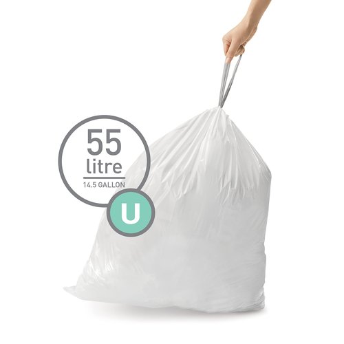 simplehuman Code U 60 Count, Dispenser Pack Custom Fit Liners, Drawstring Trash Bags, 55 Liter / 14.5 Gallon, White