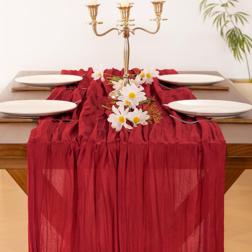 Socomi 6-Piece Red Cheesecloth Table Runner - Boho Rustic 120-Inch Decor for Weddings & Parties