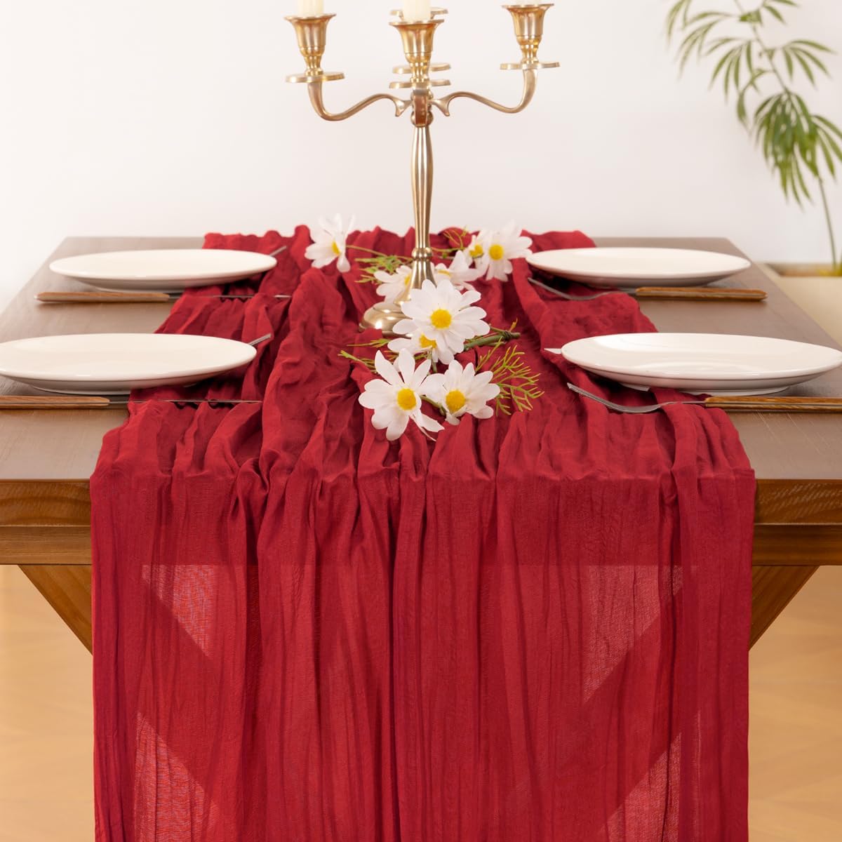 Socomi 6-Piece Red Cheesecloth Table Runner - Boho Rustic 120-Inch Decor for Weddings & Parties