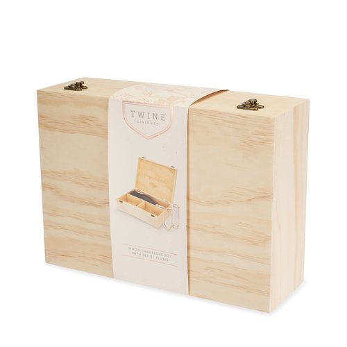 Twine Champagne Bottle Gift Box, Wine Box with Lid and 2 Stemless Flutes, Packing Straw, Holds 1 Champagne Bottle, Wood