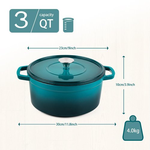 AILIBOO cast iron dutch oven pot with lid - 3qt size ideal for bread baking & elegant home use,Gradient Teal