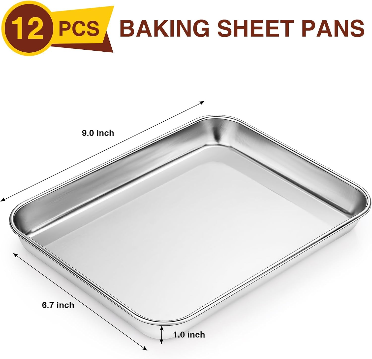 Wildone Sheet Pan Set - 12 PCS Heavy-Duty Stainless Steel Baking Trays | Dishwasher Safe, 9 x 6.7 x 1 Inches