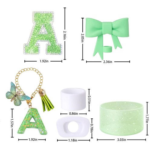 6PCS Green Stanley Cup Accessories Set for Stanley Cup 30 40oz Tumbler with Handle, Including Silicone Bow Straw Covers Cap, Spill Proof Stopper, Glitter Silicone Boot, Handle Charm, letter Patch (A)