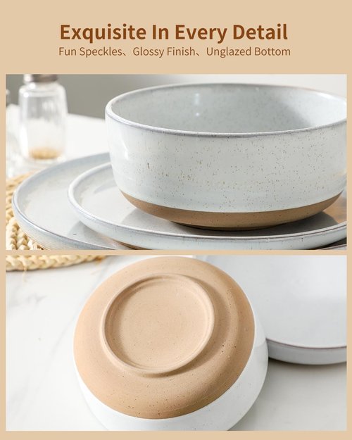 HASENSE Plates and Bowls Sets, 18 Pieces Porcelain Dishes Sets Service for 6, Stoneware Dinnerware Sets with Speckled Pattern, Scratch Resistant Microwave and Dishwasher Safe, Bluish White