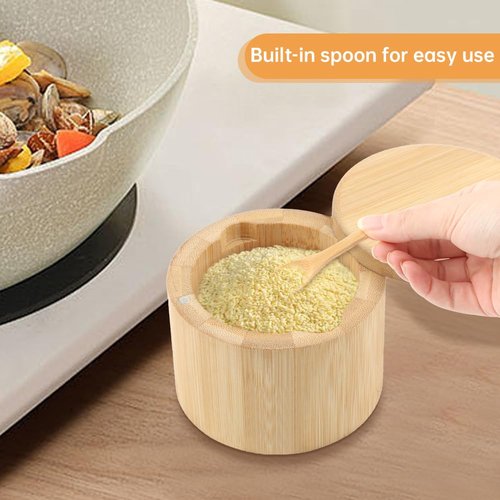 Londehuhai Magnetic Rotating Lid Bamboo Spice Jar with Built in Spoon, 6oz Salt Cellar Small Sal-t Box, Kitchen Salt Pepper Shaker, Easy-Pour Spice Dispenser for Sugar, Herbs, Seasonings(COLOR:Wood)
