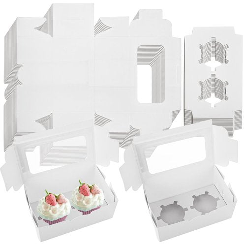 AKOLAFE 100 Set White Cupcake Boxes 2 Cupcake Holder with Lid To Go Cupcake Containers Reusable Cardboard Cupcake Boxes Bulk with Clear Window Cupcake Carrier for Cup Cake Packaging Transport Storage
