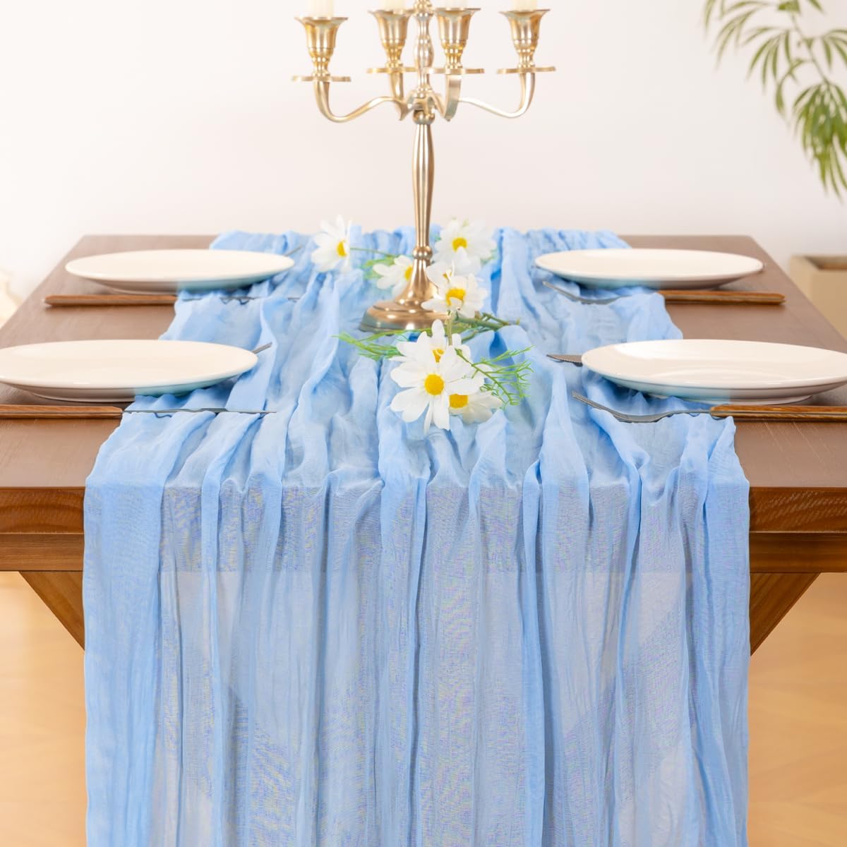 Socomi Cheesecloth Table Runner - Light Blue Boho Rustic Design | 10FT for Weddings & Events