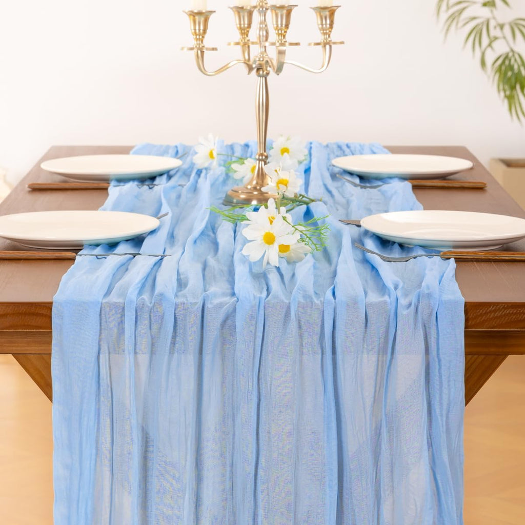 Socomi Cheesecloth Table Runner - 120 Inch Blue Boho Rustic Design for Weddings & Parties