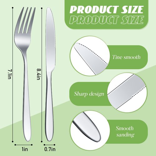 Nuenen 100 Pieces Stainless Steel forks and knives Dinner Flatware Set Tableware Cutlery for Butter Kitchen Restaurant, Dishwasher Safe(Silver,8.4 Inches, 7.1 Inches)
