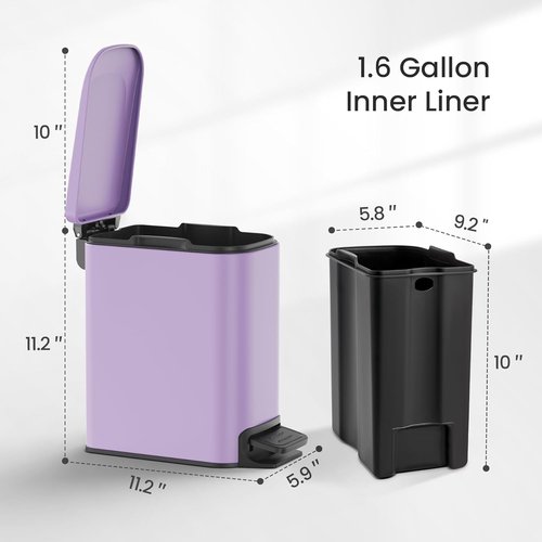 Cesun Stainless Steel Small Bathroom Trash Can - Soft Close Lid & Step Pedal, 6L | Purple Finish