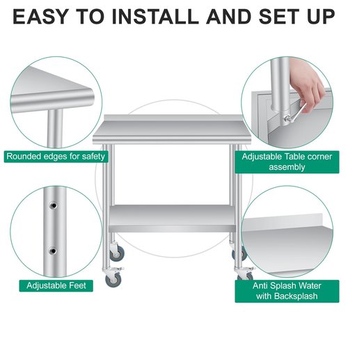 Stainless Steel Prep Table, 30 x 24 inches, with Backsplash, Adjustable Undershelf & 4 Wheels, Commercial Heavy Duty Table with Adjustable Under Shelf for Outdoor Use,Restaurants,Hotels,Works