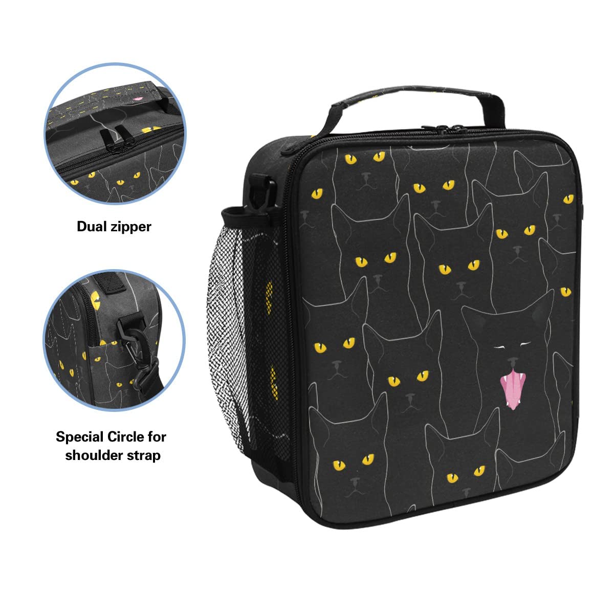 Funny Animal Cat Pattern Lunch Bag Box Insulated Cooler Lunch Tote Bag Meal Organizer with Shoulder Strap for Women Girls Boys School