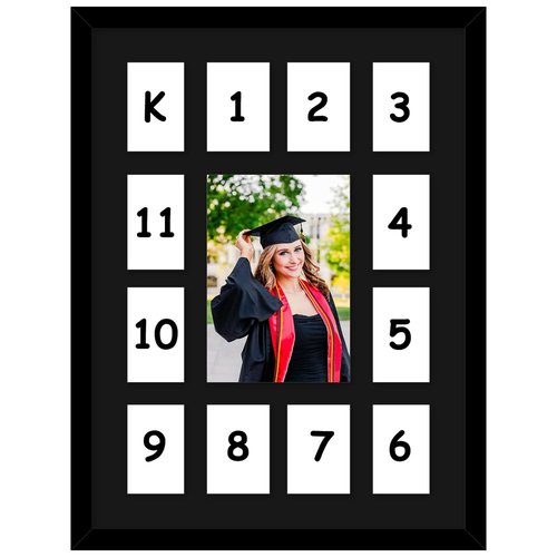 HEYTUYA 12x16 School Years Picture Frame K-12, Display One 5x7 Photo and Twelve 2.5x3.5 Pictures, Graduation Photo Collage Black Frame with Mat and Plexiglass for Wall hanging, Black Mat, Black