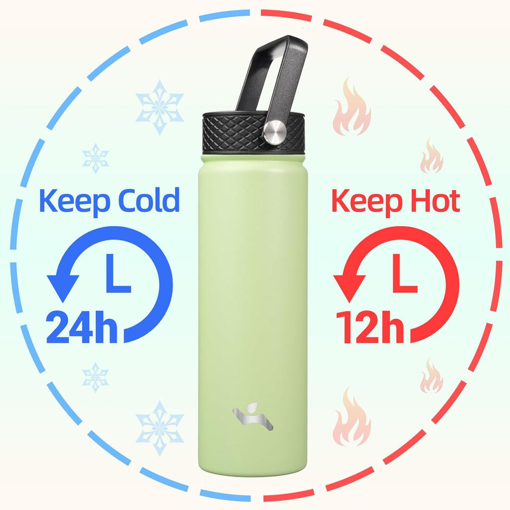 Skiennix 22oz Stainless Steel Water Bottle - Insulated with 3 Lids | Macaron Green