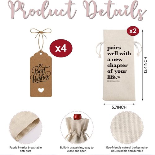 2Pc Funny New Chapter Wine Bag New Beginnings Gifts for Women Men Farewell Gifts for Friends Going Away Gifts for Coworkers Women Men Moving Away Gifts for Friends New Teacher Gifts