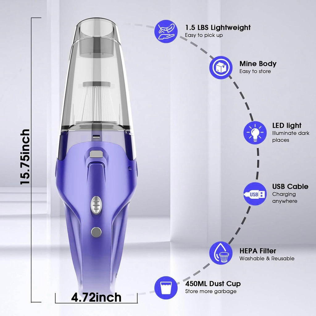 YOOHI Cordless Handheld Vacuum – 6000Pa Mini Cleaner with LED Light, 20-25 Min Runtime, USB Charging, 500ML Capacity