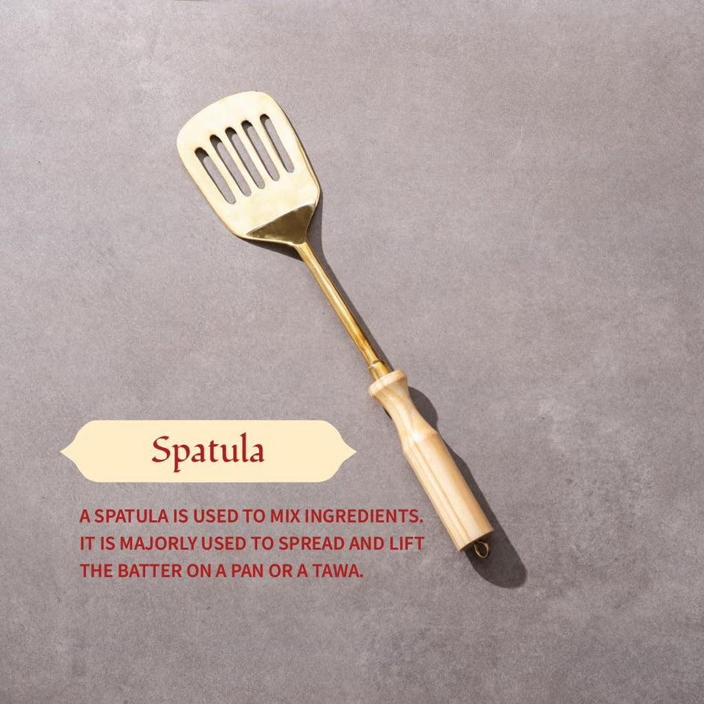 P-TAL Brass Ladle Set for Kitchen Ptal Brass Utensils Serving and Kitchen Tools Scoop Ladle Skimmer Serving Spoon Spatula Set of 4, 7 in,