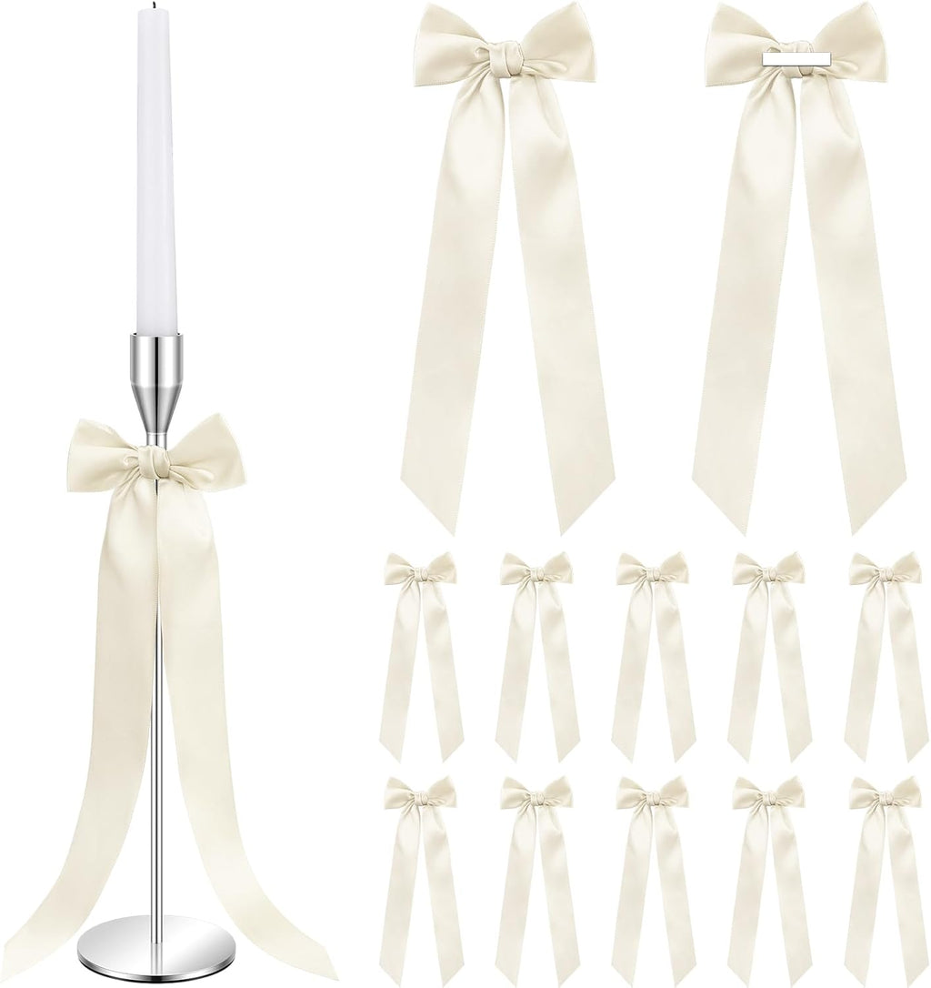 Teenyyou 12 Pcs Ivory Candlestick Bows - 13 Inch Large Coquette Table Decor for Weddings & Parties
