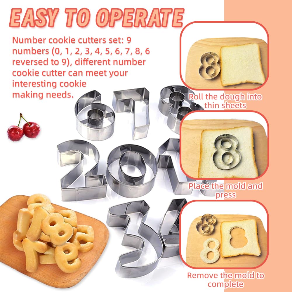 0-9 Number Cookie Cutters Set 3 Inch, 9PCS Stainless Steel Metal Number Cutters for Birthday Cake,Cake Topper,Baking Decorating,Fondant,Digit cookie cutters