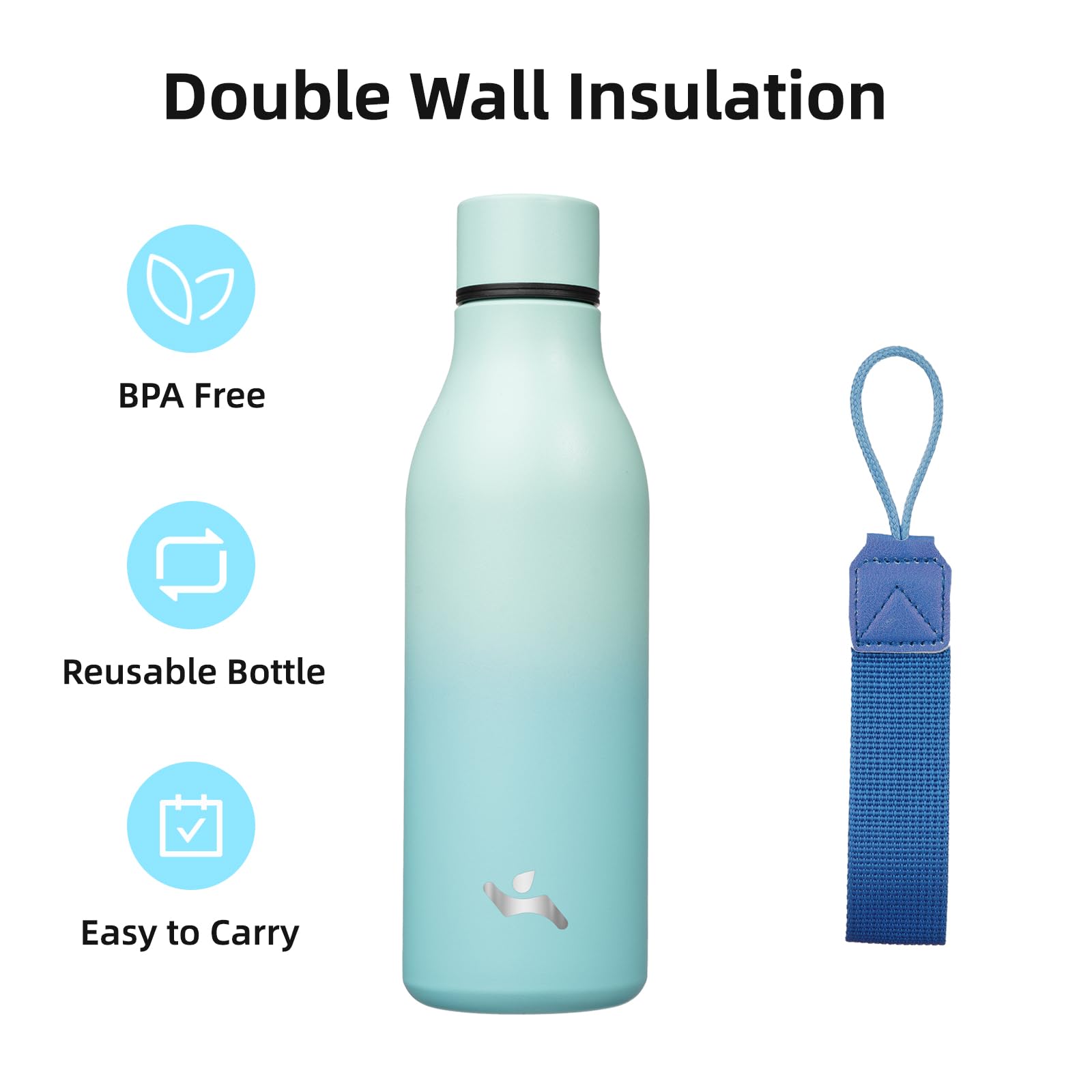 Konokyo Insulated Water Bottle with Strap,18 oz Double Wall Stainless Steel Vacuum Bottles Metal Water Flask,Mint