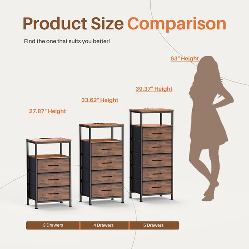 Sweetcrispy Nightstand with Charging Station, Bedside End Table with 3 Fabric Drawers & USB/Type-C Ports and Outlets, Night Stand for Bedroom Furniture, Adjustable Feet and Variable Light Strip, Rust