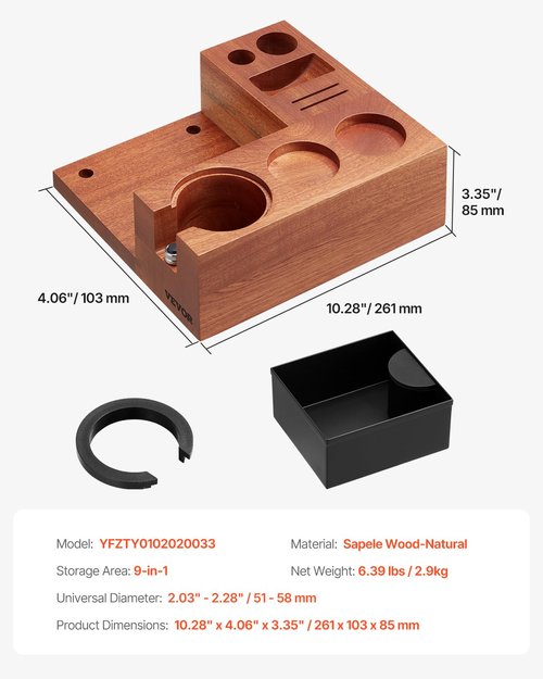 VEVOR Espresso Tamping Station, Sapele Wood, 9-in-1 Multifunctional Tamping Station with Detachable Slot, Easy to Clean Espresso Knock Box with Non-Slip Base, Fits for 51-58 mm Handles
