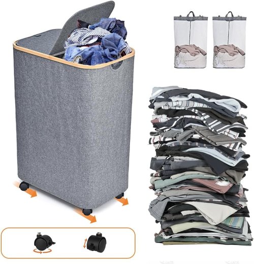 Large Laundry Hamper with Wheels | 144L Collapsible Laundry Basket with Removable Bag | Dirty Clothes Hamper with Lid for Bedroom, Bathroom | CarzyHome Double Rolling Laundry Basket with Handles, Grey