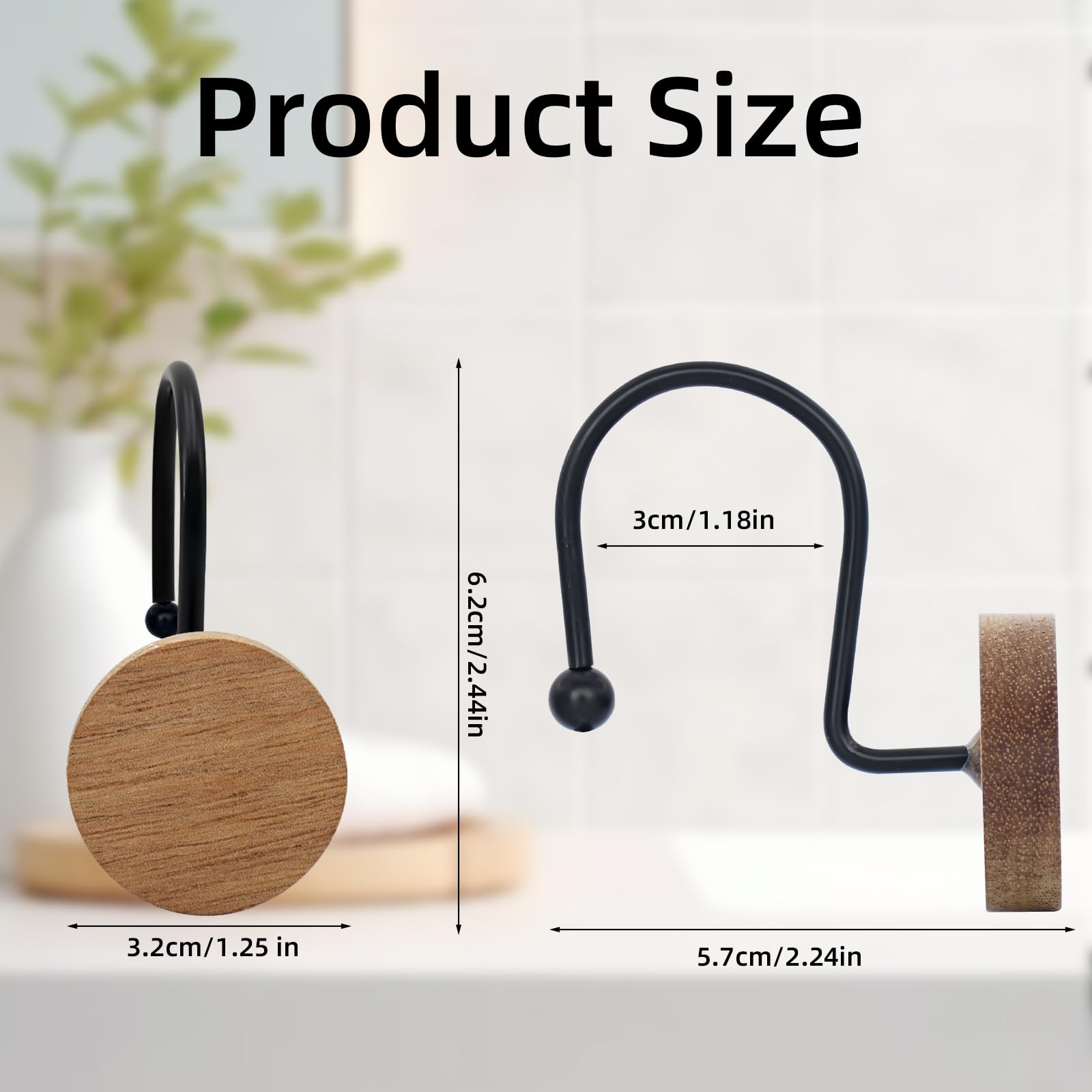 Shower Curtain Hooks, Wood Decorative Shower Curtain Rings, Modern Round Log Shower Curtain Hangers, 12PCS Metal Shower Hooks for Shower Curtain Rod, Bathroom, Bedroom, Living Room (Black)