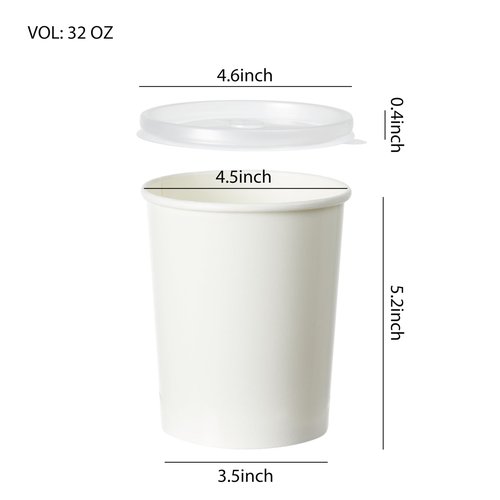 DealbyBox Disposable Kraft Paper Soup Cups with Lids, Paper Food Containers, Ice Cream Cups, To Go Bowls for Hot and Cold Food Combo Pack (250 Sets) (White with PP Lid, 32oz)