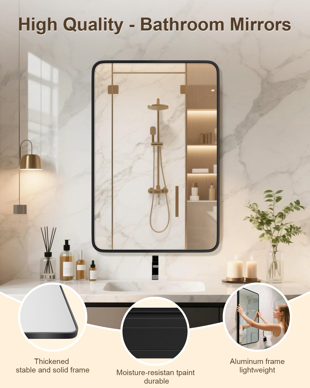 SUNQUEEN 36" x 24" Black Bathroom Mirror for Wall, Modern Bathroom Vanity Mirror for Over Sink Bedroom Entryway or Living, Metal Framed HD Tempered Glass Room Horizontal or Vertical