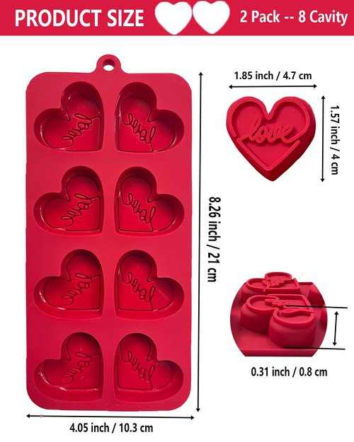 Copzievkae Hearts Chocolate Molds, Heart Ice Cube Tray Mold 16 Cavities Conversation Heart Molds, Silicone Hearts Candy Mold for Chocolate, Candy, Wax Melt, Baking, Candles, Red, 2 Pack