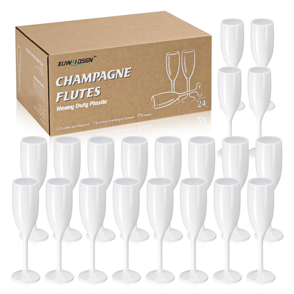 XUWAIDSGN Acrylic Champagne Flutes Toasting Glasses Unbreakable Mimosa Bar Reusable Wine Glasses Vintage Champagne Flutes Stemmed Drinking Cups 5.4 OZ for Christmas Birthday (24, white)