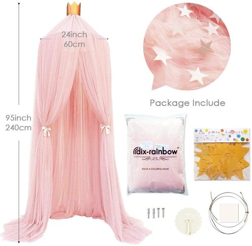 Anmas Home Bed Canopy Mosquito Net with Star Lights，Princess Play Canopy for Girls Room - Dome Net Curtains for Baby Game Dream Castle, Girls Room Decor, Pink