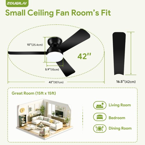 ZOUQILAI Ceiling Fans with Lights - 42 Inch Low Profile Ceiling Fan with Light and Remote, Reversible DC Motors, 3CCT Dimmable Timer Noiseless, Black Flush Mount Ceiling Fan for Bedroom/Living Room